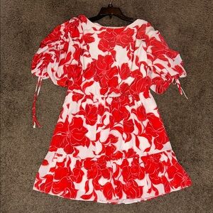 Women’s Red and White Floral Puff-Sleeve Dress